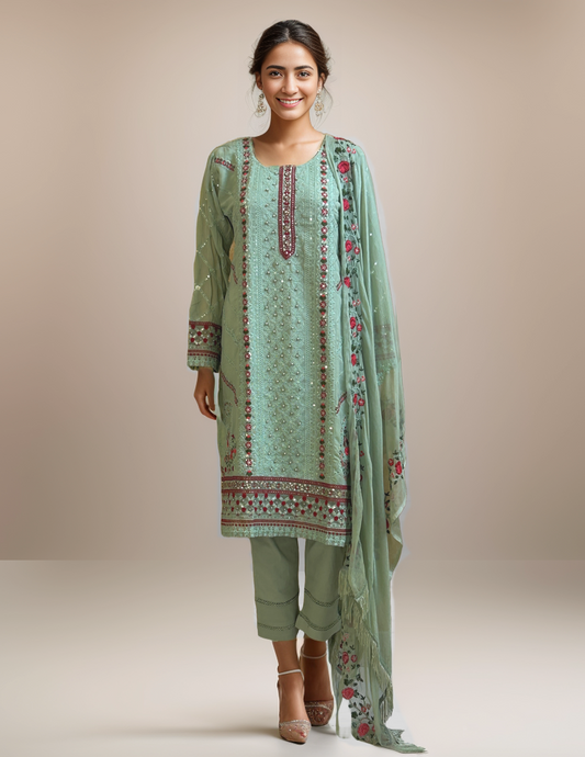Nurah Women green georgette embroidered kurta with trouser and embroidered dupatta