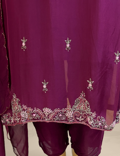 Nurah Women wine organza embellished kurta with trouser and organza dupatta