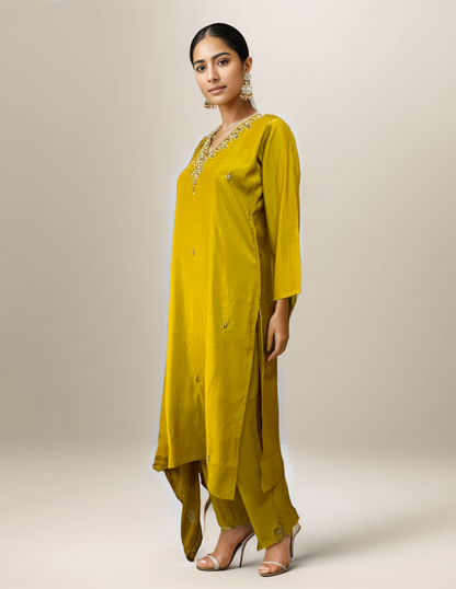Nurah Women yellow embellished Kurta with trouser and zari woven dupatta