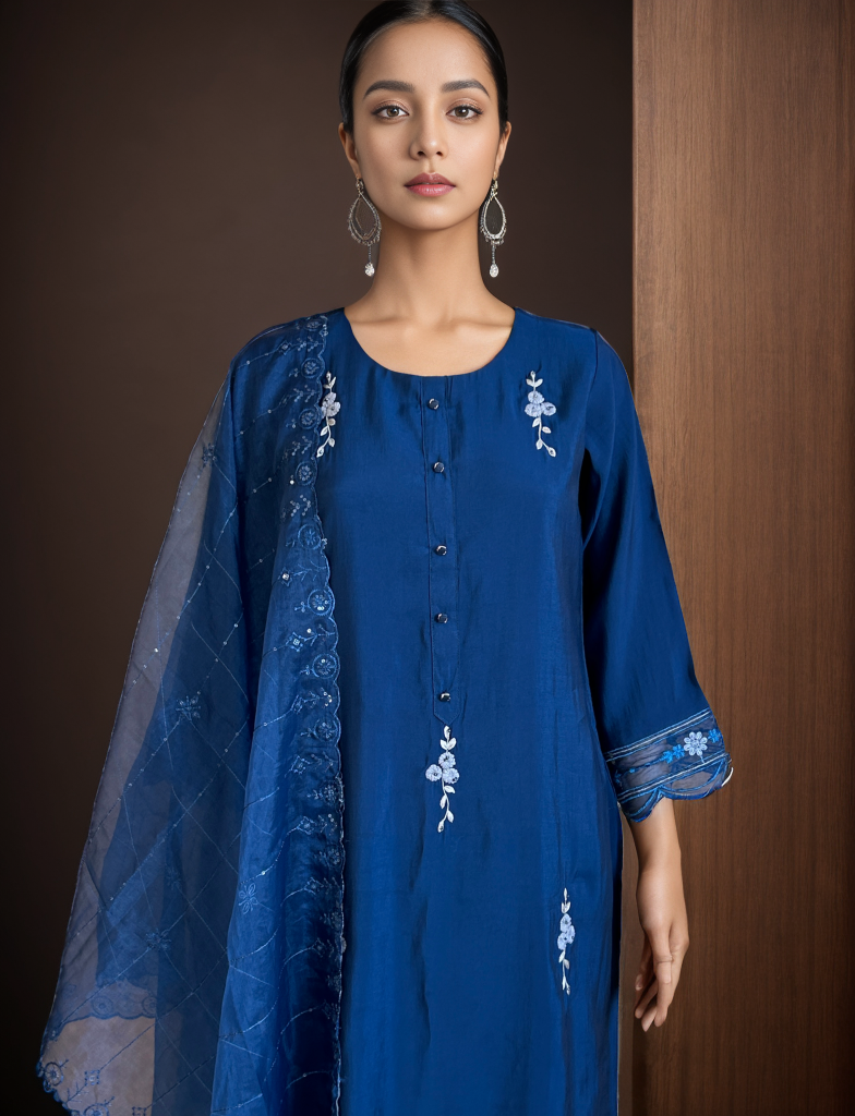 Nurah Women teal muslin embroidered kurta with trouser and embroidered dupatta