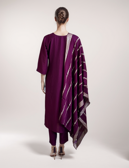 Nurah Women purple embellished kurta with trouser and banarasi dupatta