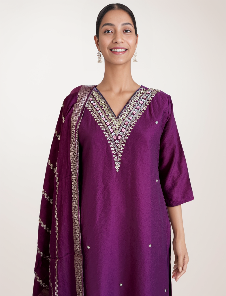Nurah Women purple embellished kurta with trouser and banarasi dupatta