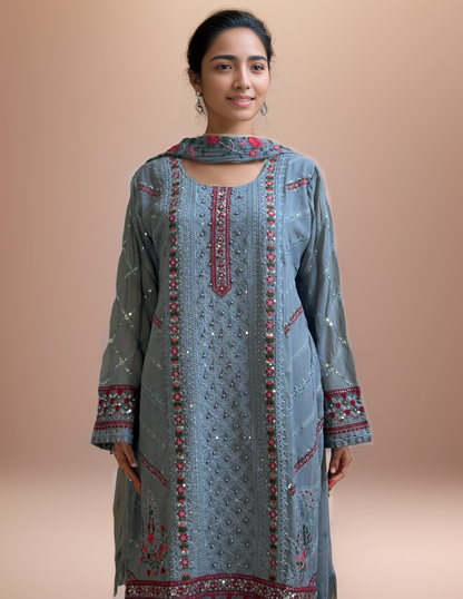 Nurah Women grey georgette embroidered kurta with trouser and embroidered dupatta