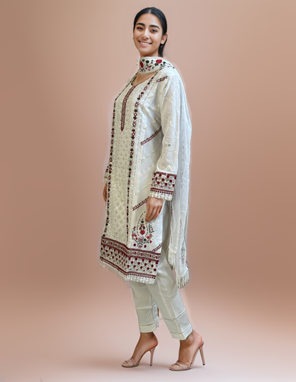 Nurah Women white georgette embroidered kurta with trouser and embroidered dupatta