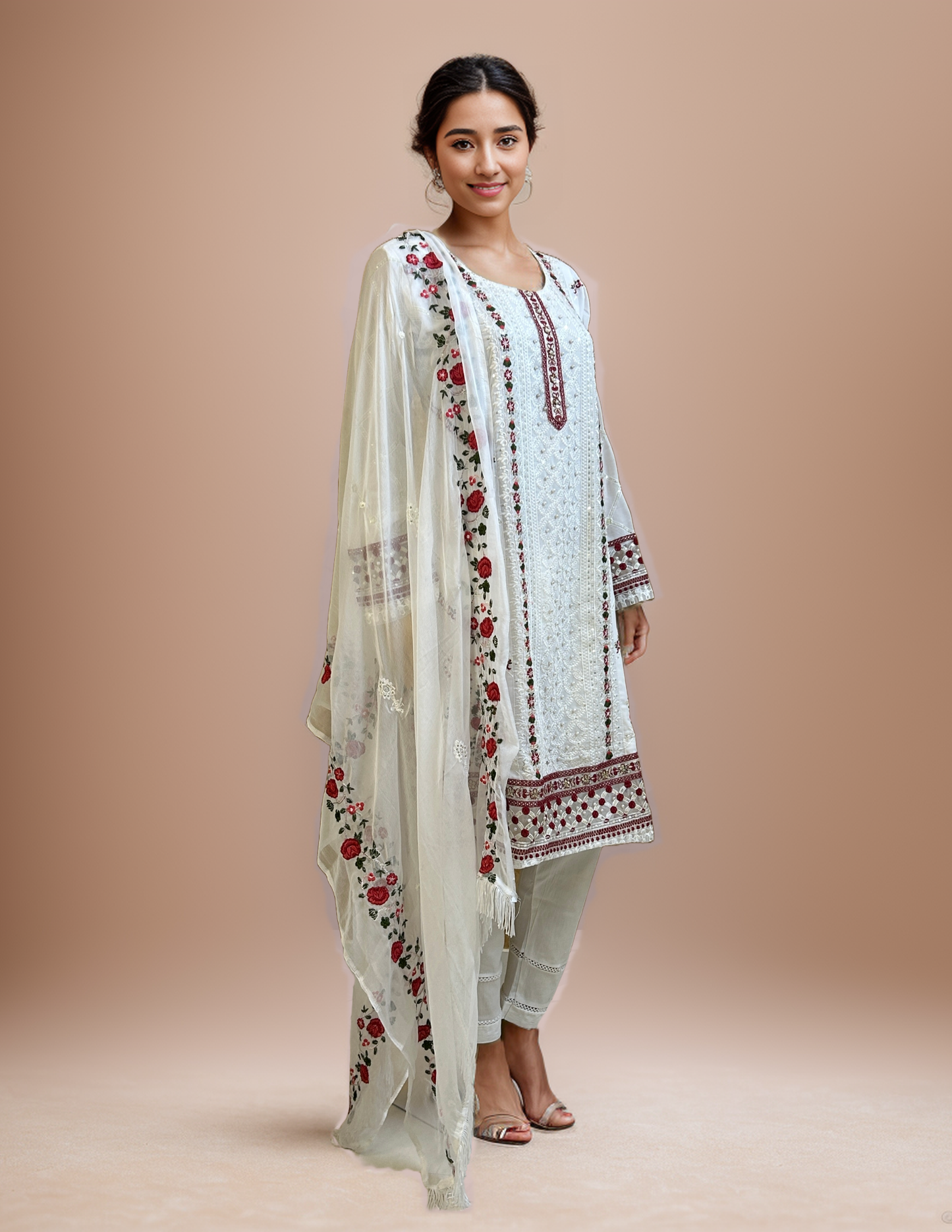 Nurah Women white georgette embroidered kurta with trouser and embroidered dupatta