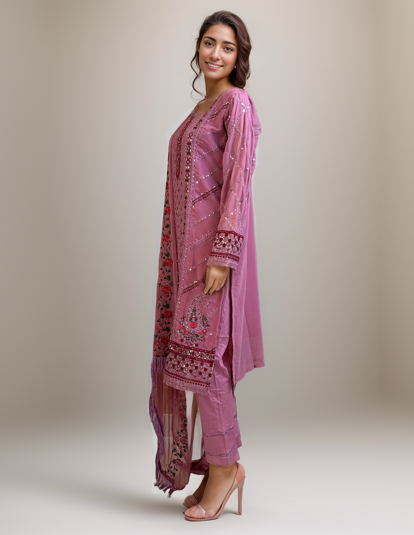 Nurah Women pink georgette embroidered kurta with trouser and embroidered dupatta