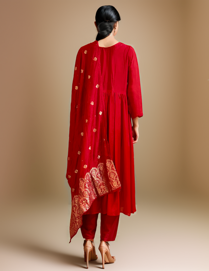 Nurah Women red alia cut Kurta with trouser and banarasi dupatta