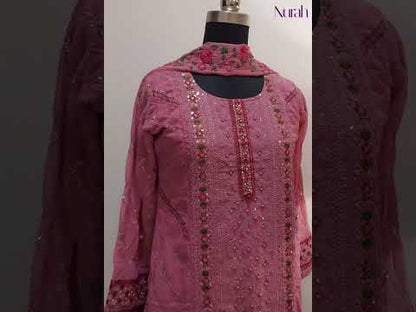 Nurah Women pink georgette embroidered kurta with trouser and embroidered dupatta